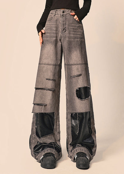 Original Black Gray Distressed Patchwork Denim Straight Pants Autumn