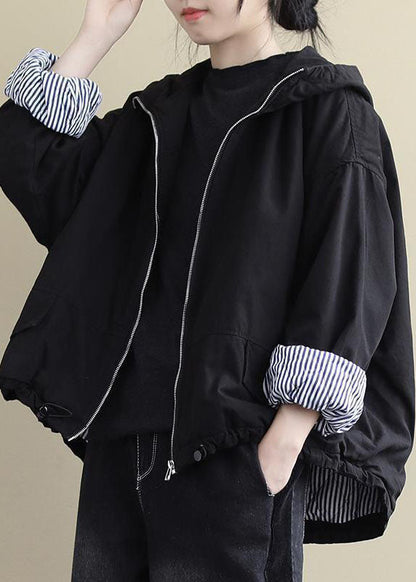 Black Hooded Zippered Winter Cotton Long Sleeve Coat