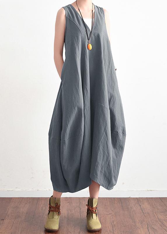 Summer V Neck Cotton Linen Long Dress Baggy Lace Up Backless