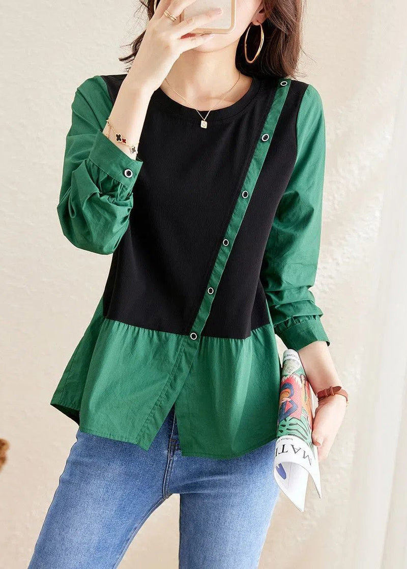 Green O-neck Asymmetrical Patchwork Wrinkled Top Long Sleeve