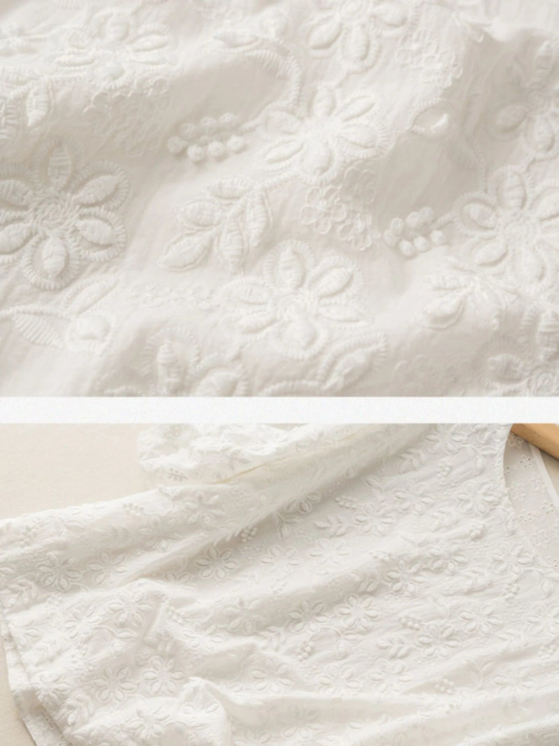Embroidered Round Neck Half Sleeve Linen Tee Top