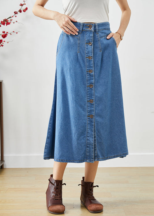 Modern Blue High Waist Button Down Denim a Line Skirts Fall