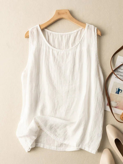 Linen Round Neck Sleeveless Vest Top