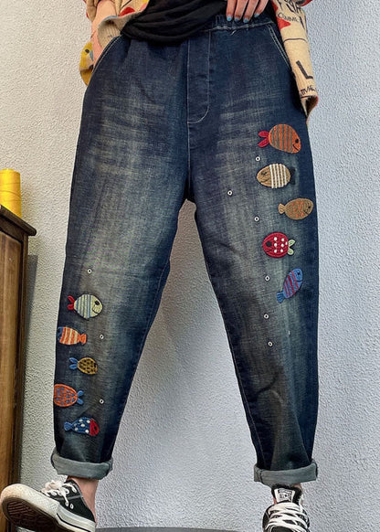 Loose Blue Embroidered Denim Spring Harem Pants