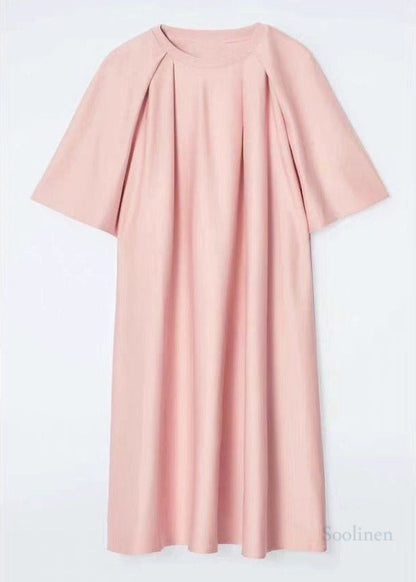 Diy Pink O-neck Oversized Cotton Tea Dress Summer