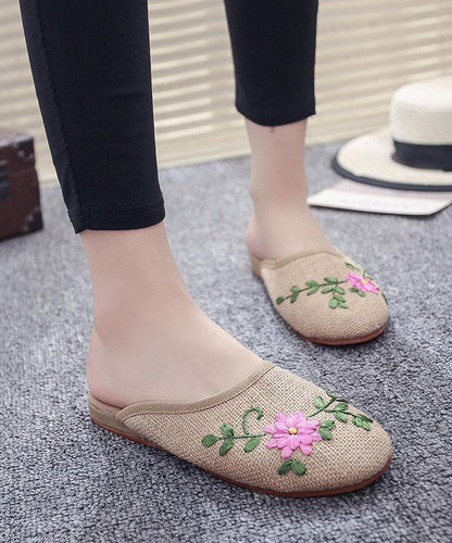 Khaki Embroidered Linen Fabric Slippers Shoes