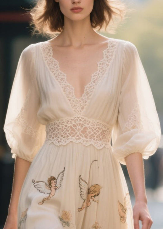 Apricot Print Lace Patchwork Chiffon Dress Summer