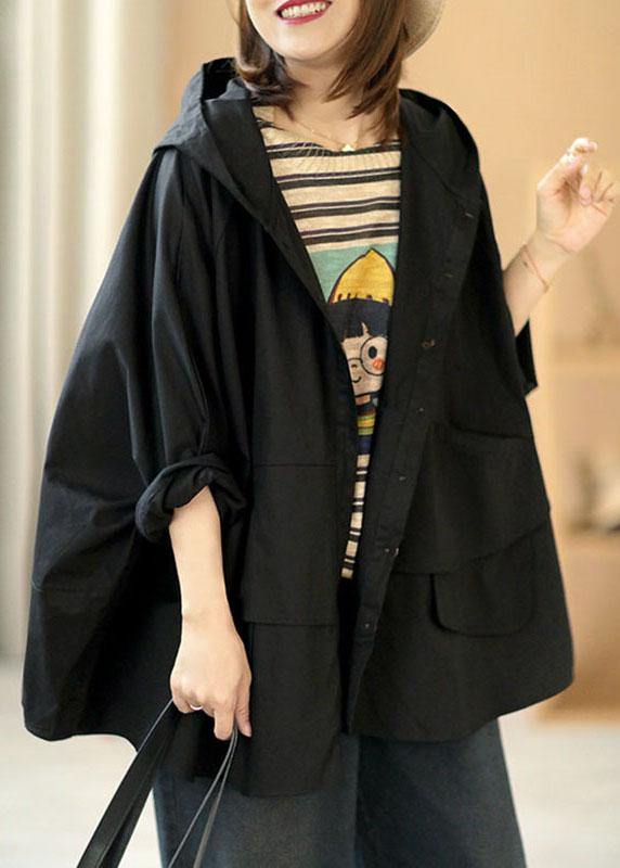 Art Black Loose Pockets Button Fall Hooded Coat Long Sleeve