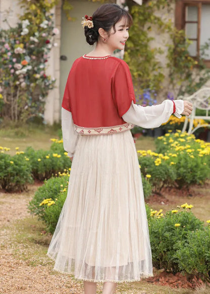 Chinese Style Red Embroideried Tops and Pleated Skirt Chiffon Two Pieces Set Long Sleeve