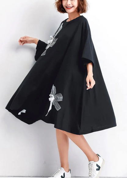Black Embroidery Cotton Big Hem Shift Summer Dresses