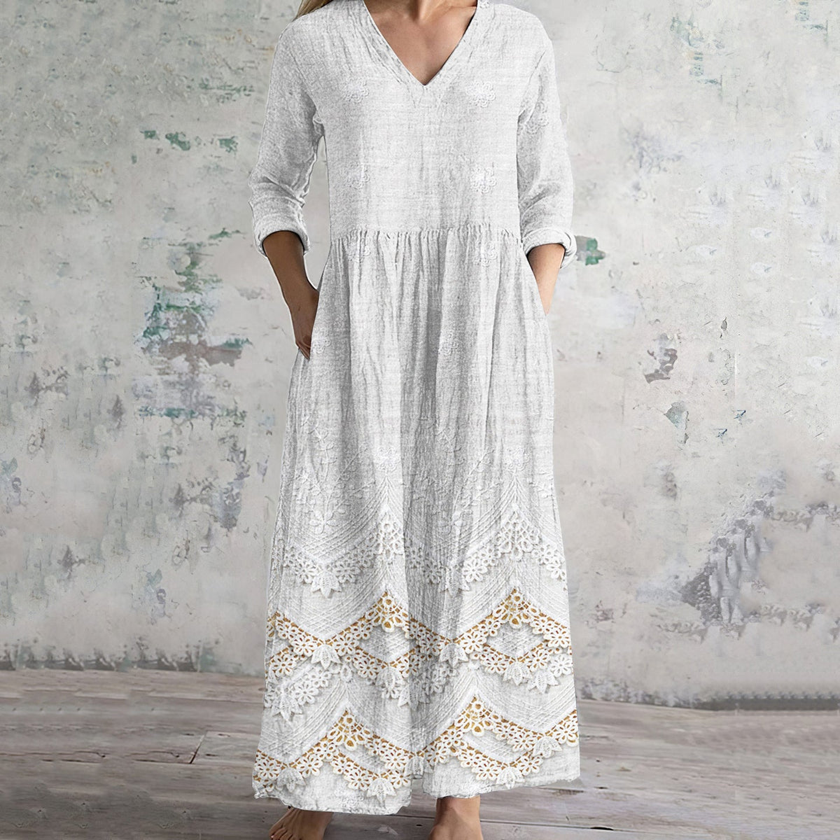 Women's Vintage Floral Embroidered Lace Art Linen Dress elevenforest