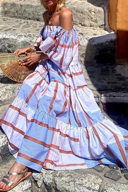 Print Patchwork Off the Shoulder Cake Dresses(3 Colors)