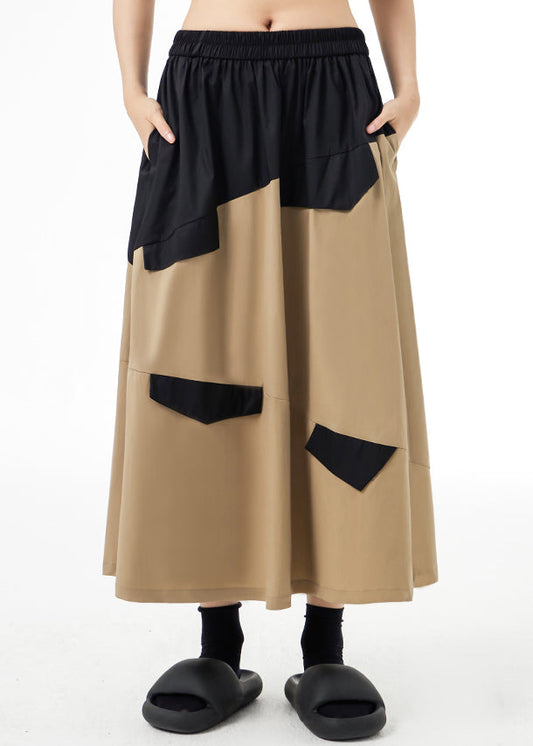 Style Khaki Wrinkled Pockets Patchwork Cotton a Line Skirts Fall
