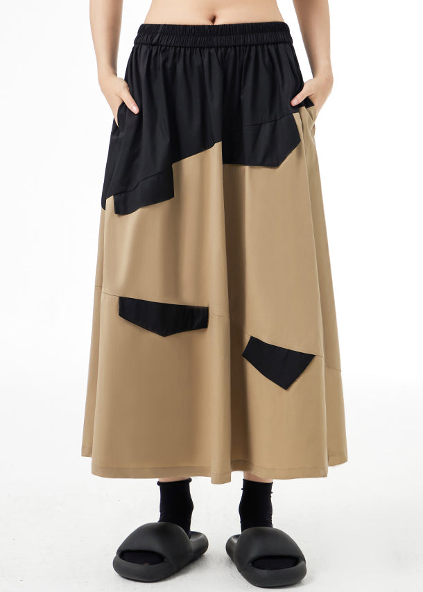 Style Khaki Wrinkled Pockets Patchwork Cotton a Line Skirts Fall