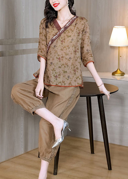 New Retro Khaki V Neck Tops and Pants Linen Two Pieces Set Summer