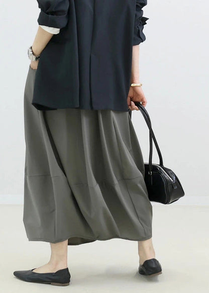 Simple Grey Elastic Waist Patchwork Cotton Skirt Fall