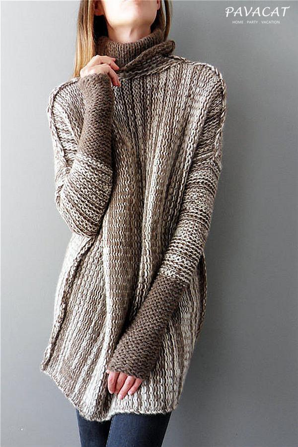 Spliced Turtleneck Loose Pullover Sweater - Brown