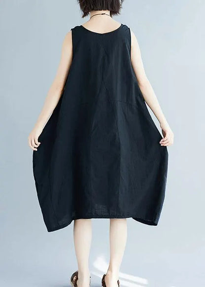Black O Neck Linen Quilting Dresses Sleeveless Clothing Summer Dress