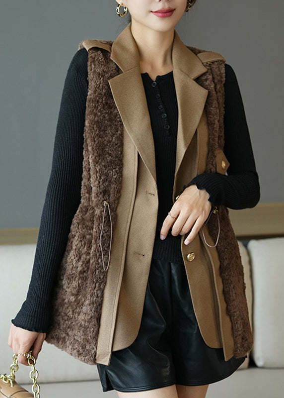 Fine Coffee Notched Patchwork Button Faux Fur Waistcoat Fall