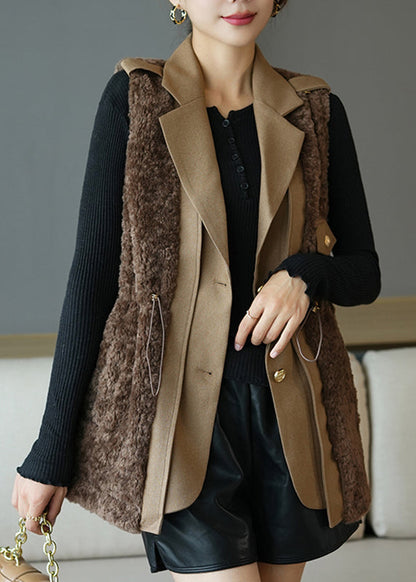 Fine Coffee Notched Patchwork Button Faux Fur Waistcoat Fall