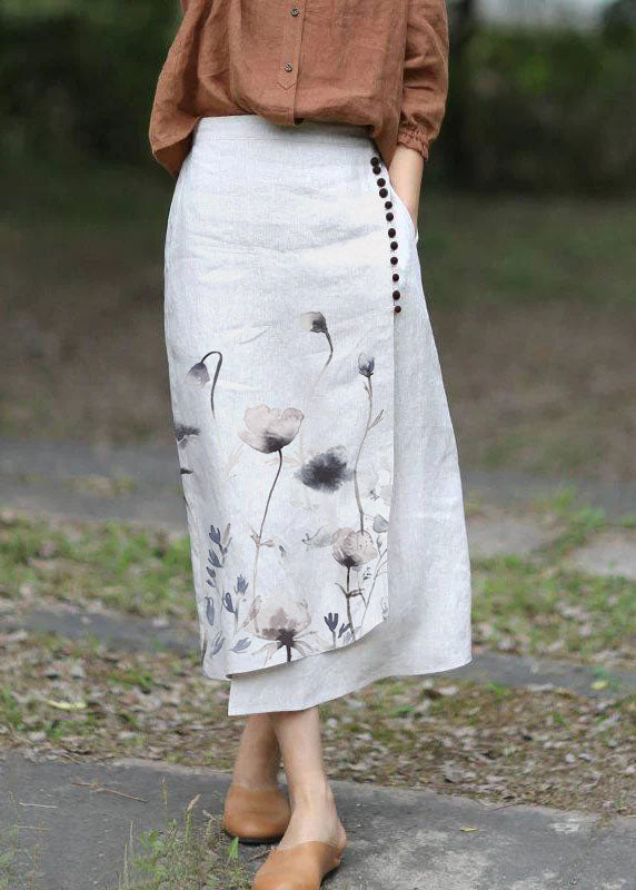 Boutique White-gray Flower Asymmetrical Design Elastic Waist a Line Skirts Spring
