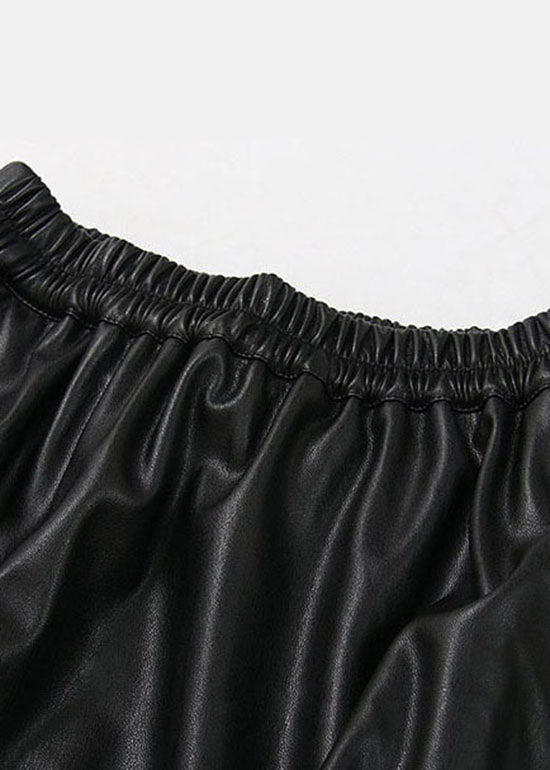 Black Elastic Waist Lace Patchwork Faux Leather Skirt Spring