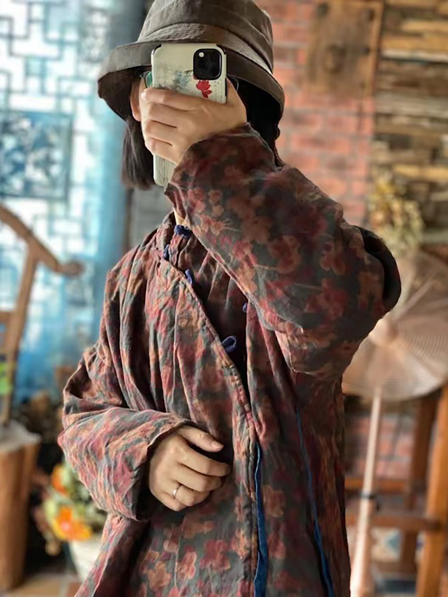 Stand Collar Print Pure Linen Loose Padded Coat
