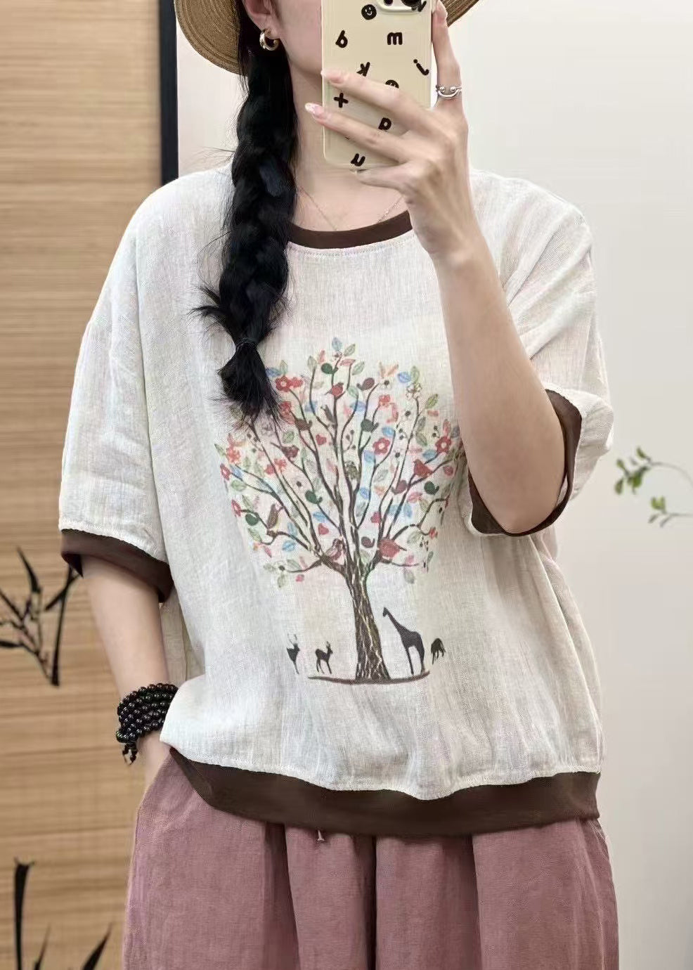 White Oversized Patchwork Print Linen Tops Sleeveless