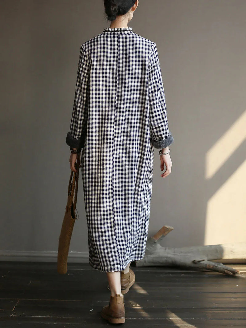Chinese Style Winter Frog Thick Plaid Robe Dress