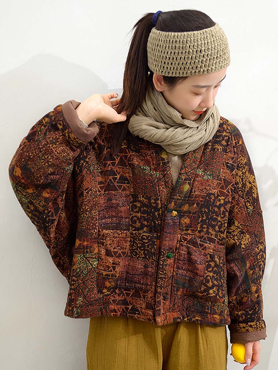 Winter Print Button Short Cotton Coat