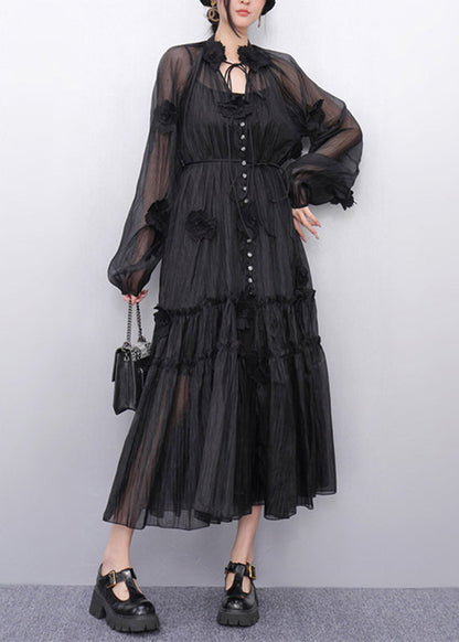 Black Stand Collar Ruffled Chiffon Long Dresses Fall
