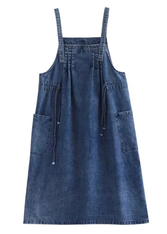 Blue Drawstring Pocket Spaghetti Strap Cotton Denim Dress