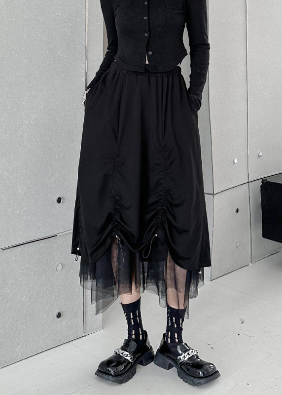 Black Drawstring Elastic Waist Tulle Patchwork Skirt Summer