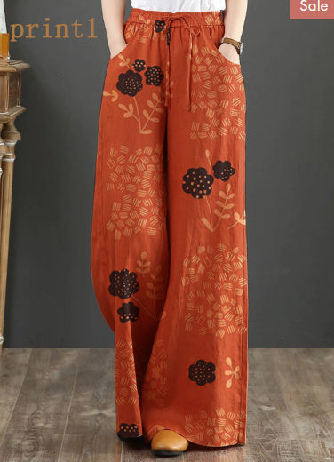 Orange Elastic Waist Linen Straight Pants Color Drawstring Summer
