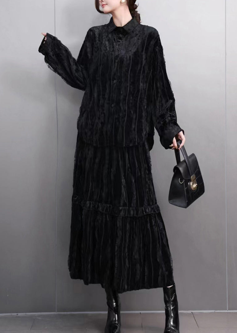 Fine Black Ruffled Wrinkled Shirt and Maxi Skirts Two Pieces Set Spring
