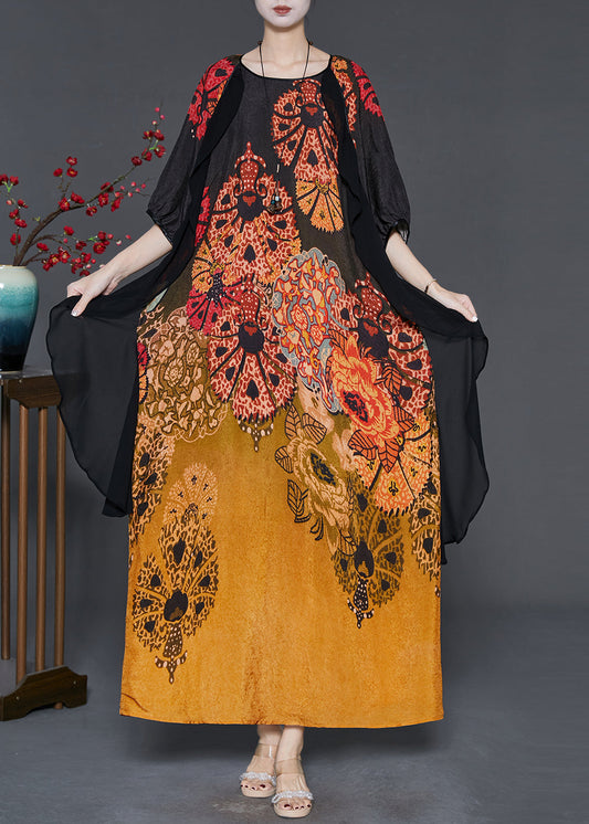 Gradient Color Print Patchwork Silk Long Dress Summer