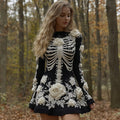 Women's Halloween Skeleton Bones Rose Comfortable Elegant Sweater Dress elevenforest