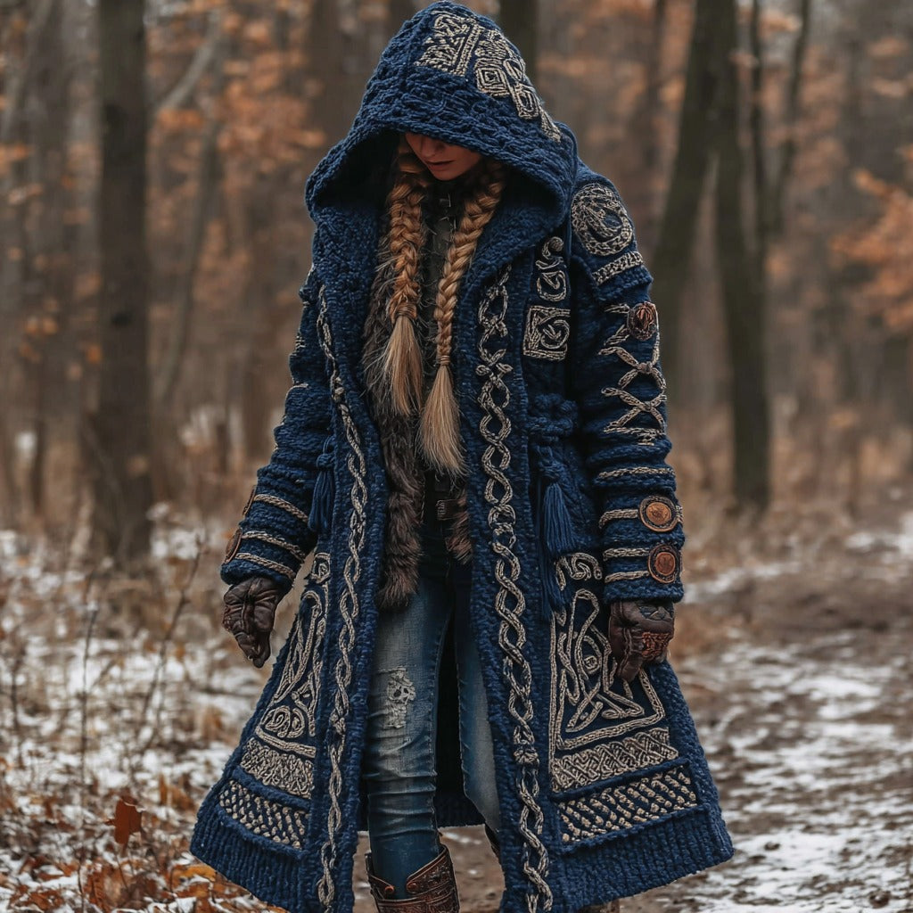 Women's Vintage Viking Celtic Knot Knit Long Sweater Jacket artswardrobe