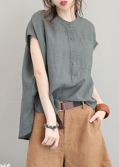Unique O Neck Linen Tops Blouses Low High Design Clothing Gray Green Shirt