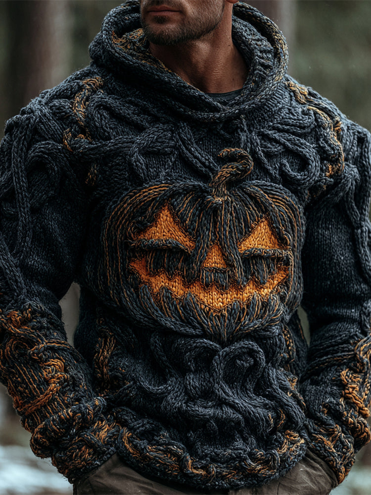 Halloween Pumpkin Emoji Men's Chunky Knit Hooded Sweater artswardrobe
