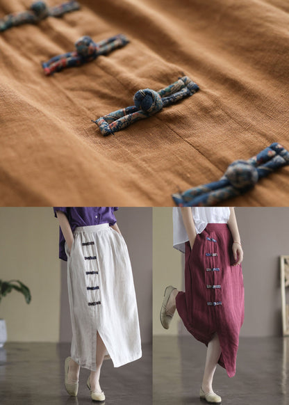 Brown Elastic Waist Side Open Linen Skirt Summer