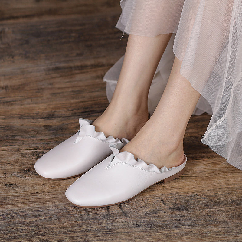 Leather Ruffle Trim Slippers