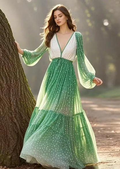 Gradient Color V Neck Wrinkled Chiffon Dress Spring
