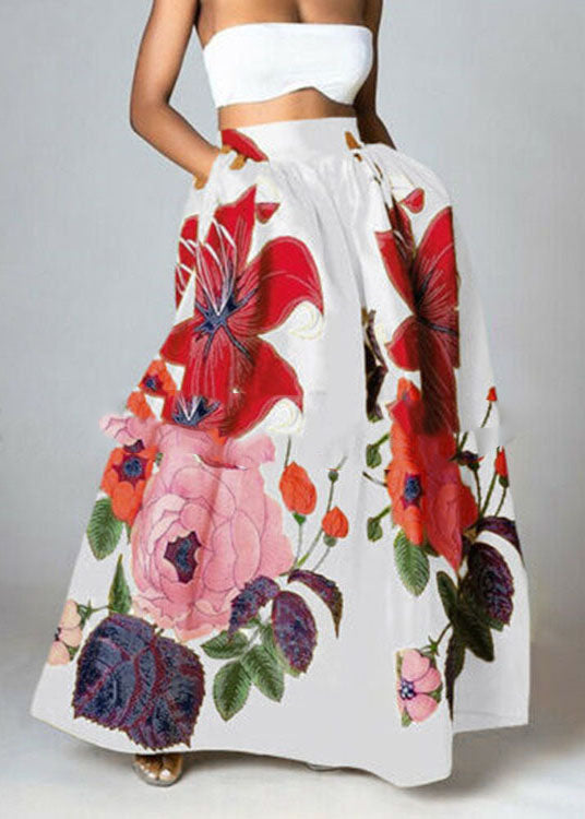 Black -red Print High Waist Pockets Print Cotton a Line Skirt Summer