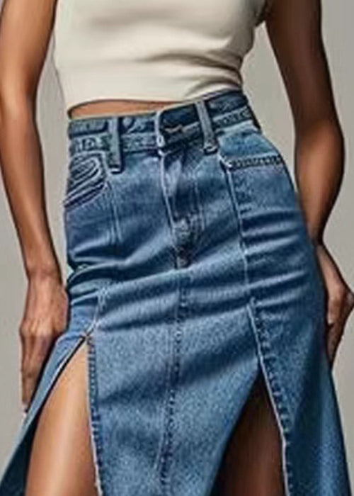 Blue Zippered Side Open High Waist Denim Skirt Summer