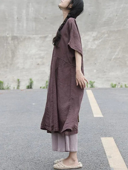 Loose V Neck Patchwork Cotton Linen Clothes for Tutorials Chocolate Dresses