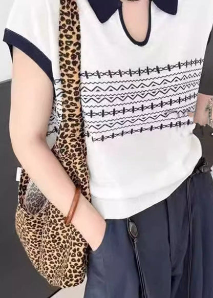 White Peter Pan Collar Print Knit Top Summer