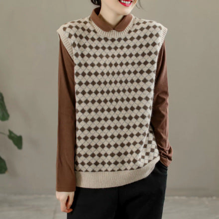 Plaid Round Neck Warm Knitted Sweater Vest