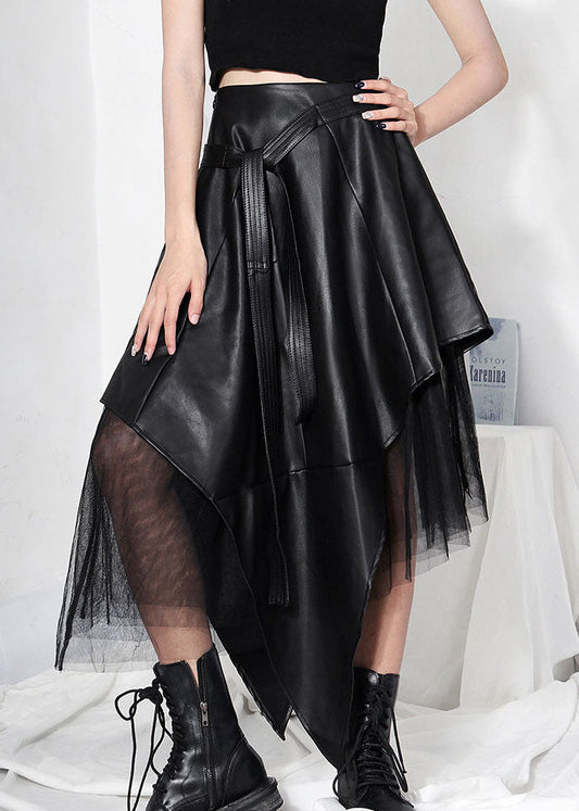 Simple Black Asymmetrical Patchwork Tulle Faux Leather Skirts Spring