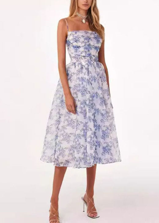 Boutique Blue Print Chiffon Spaghetti Strap Dress Summer
